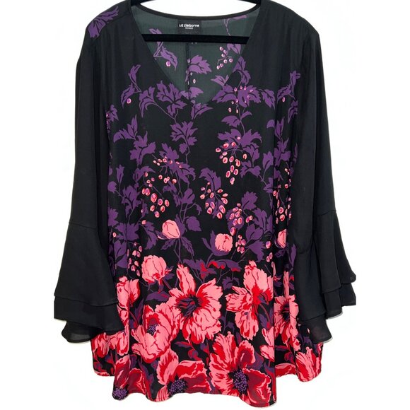 Liz Claiborne Tops - Liz Claiborne Woman 3X Black & Red Floral Blouse With 3/4 Ruffle Sleeves